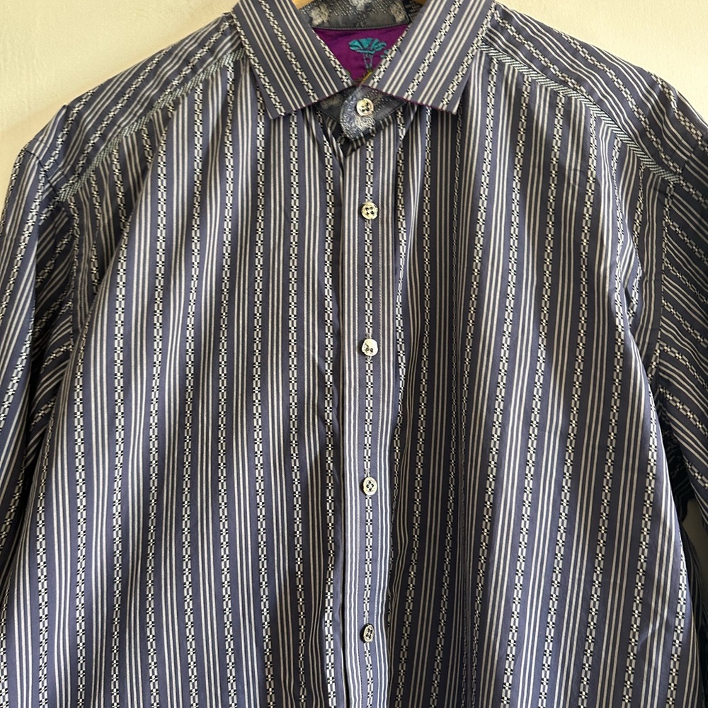 Robert Graham Blue Striped Flip Cuff Long Sleeve Button Collared Dress Shirt - Picture 2 of 9